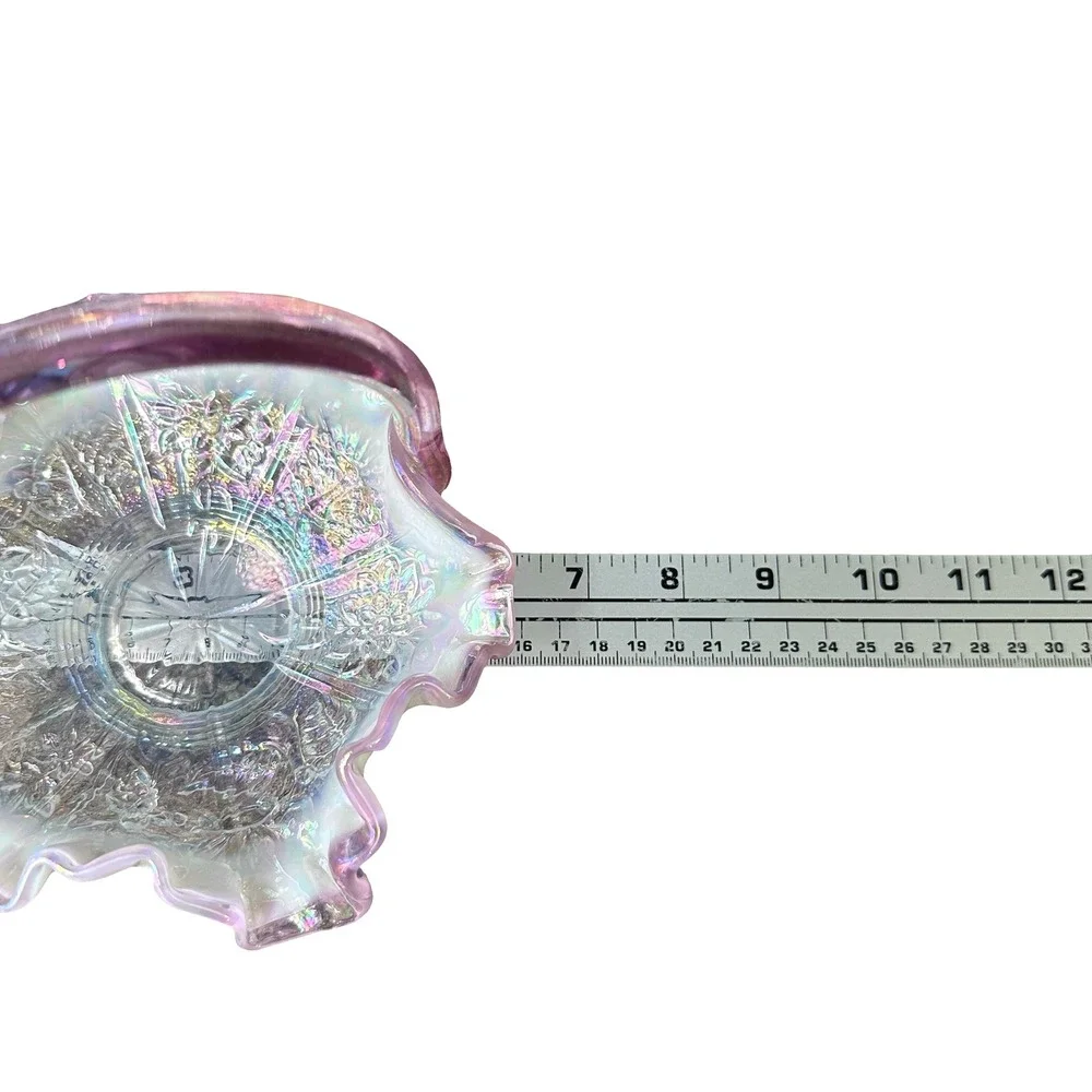 Fenton Iridescent Clear Carnival Glass Floral Basket Ruffled‎ Edge Pink Handle